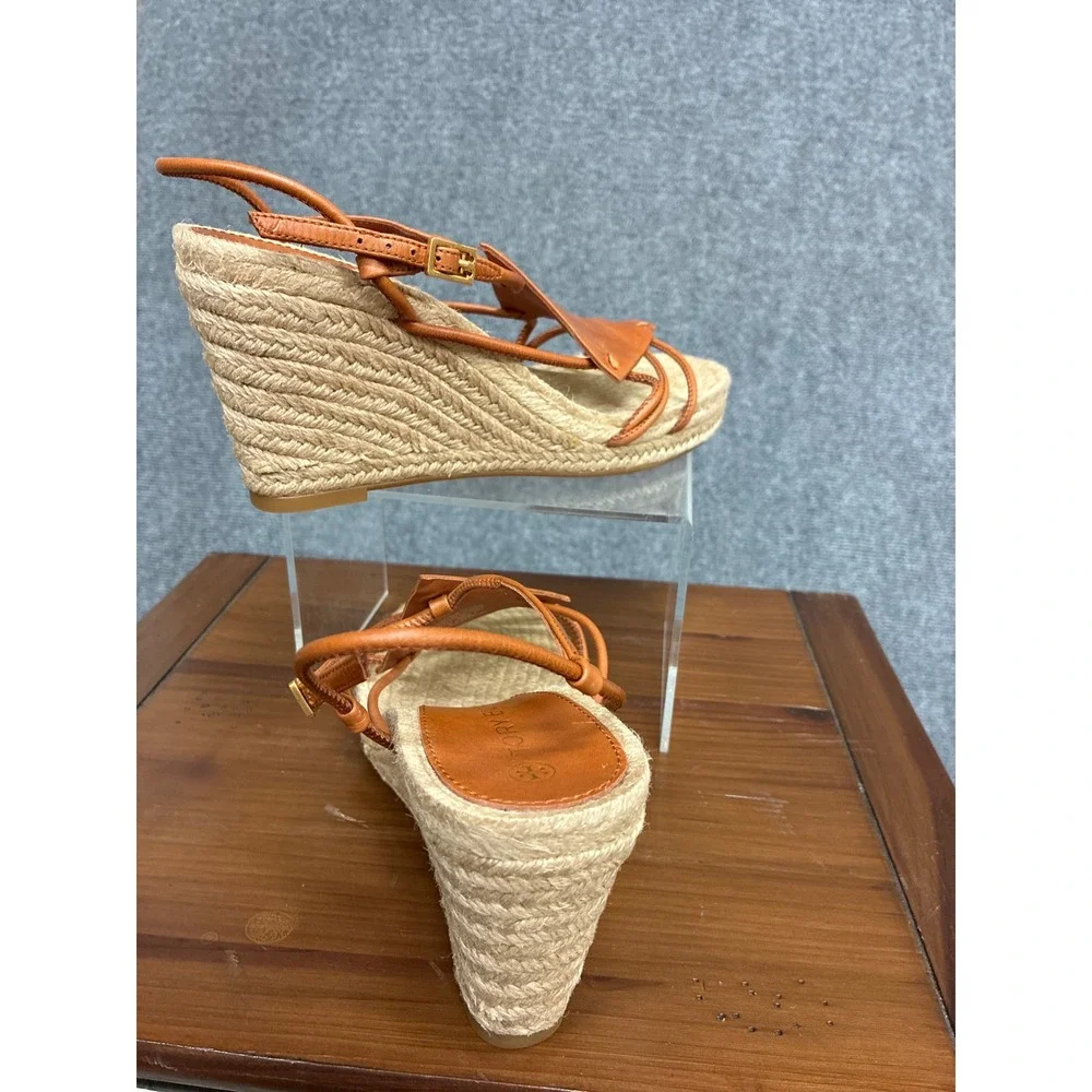 Tory Burch Tan Leather Strappy Espadrille Wedge Sandals Size 7.5 NEW